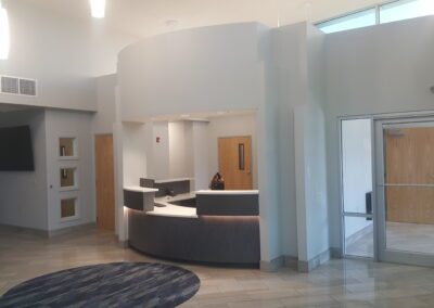 A reception area in a modern office building.